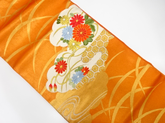 雲取りに菊流水・芝草模様刺繍名古屋帯